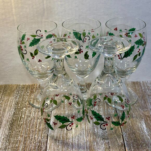 Libbey Holly and Berries Glass Stemware (5) Wine Glasses Water Goblets 12 oz - Picture 4 of 6